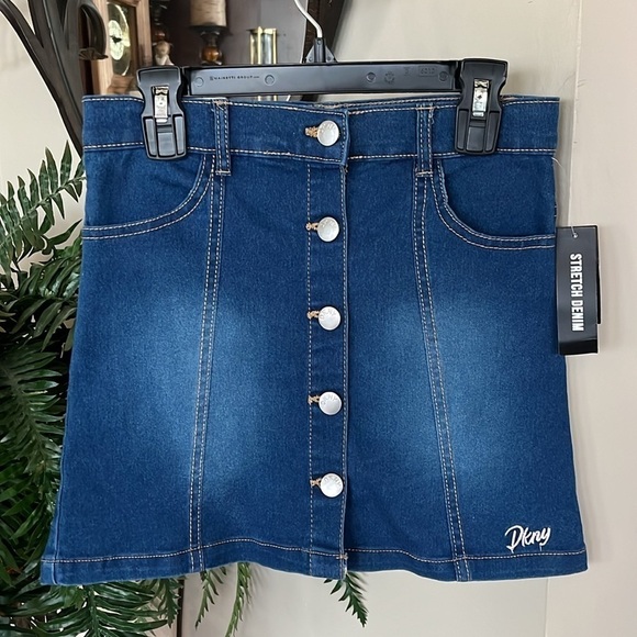 Brand New DKNY Button Up Dark Blue Jean Skirt Adjustable Waist Embroidered Logo - Picture 6 of 11